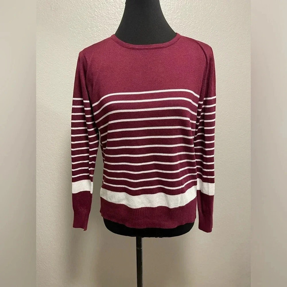 TeenBell Women’s Burgundy/White Colorblock Striped Crewneck Sweater Small - Picture 1 of 5